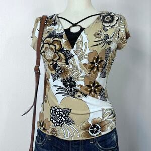 Y2K Brown Floral Faux Wrap Top Retro Boho Print Short Sleeve O-Ring Medium